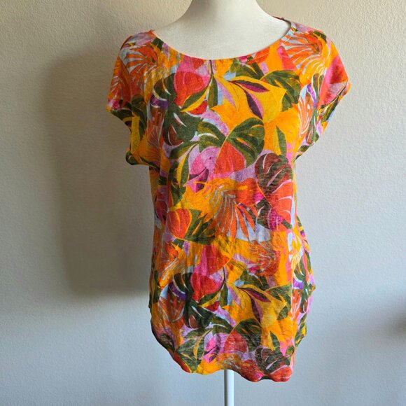 NEW C & C California Artsy Tropical Linen Top Bright Colorful Curved Hem Size M - Picture 1 of 8